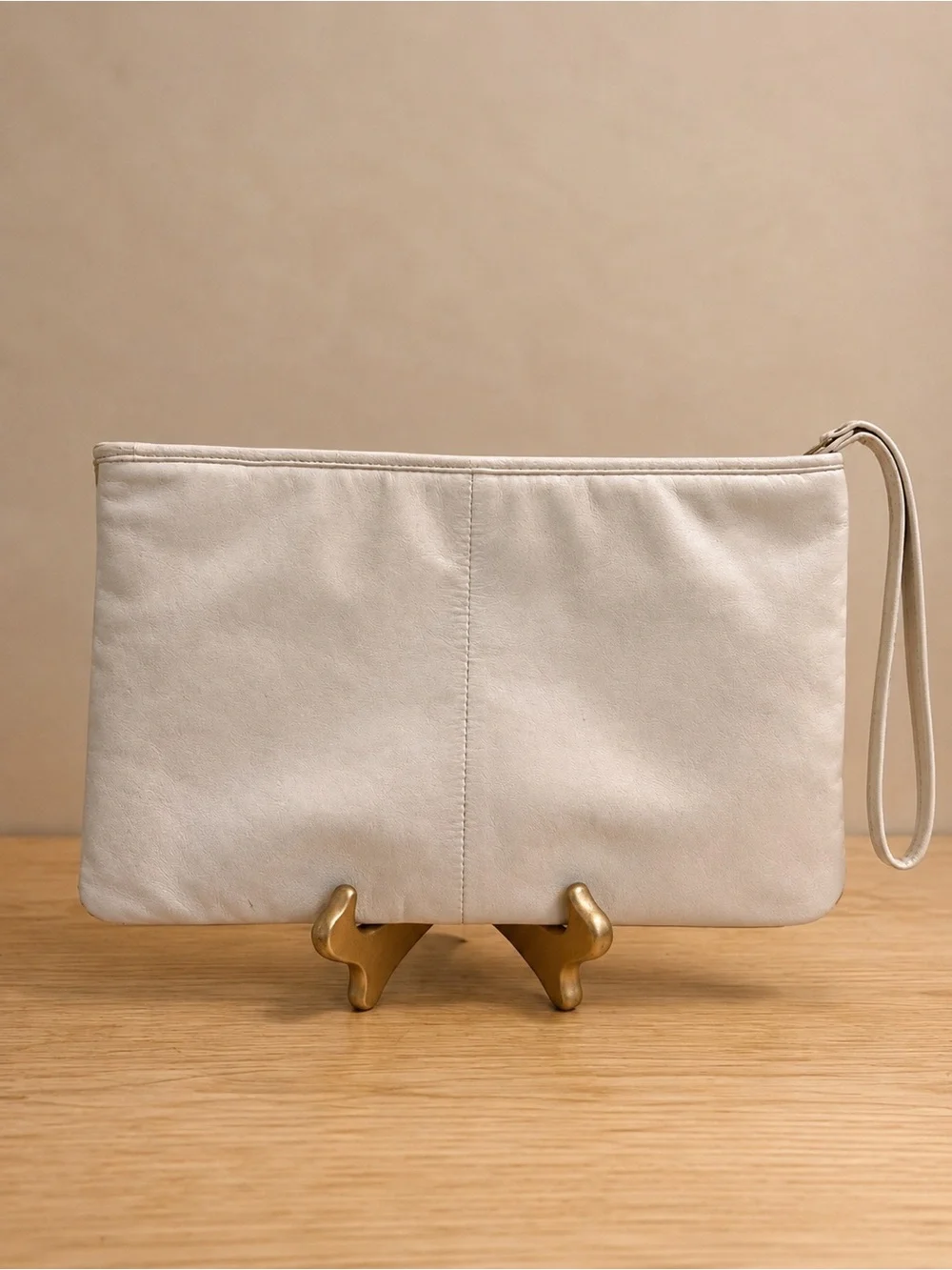 Etienne Aigner White Woven Leather Wristlet Clutch Zip Pouch Gold Logo